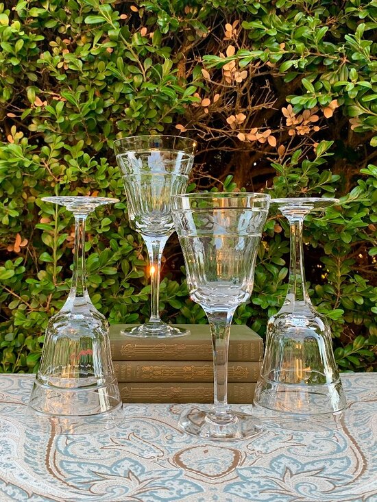 Gorham thumb print etch leaf cut crystal wine glasses - Picture 1 of 10